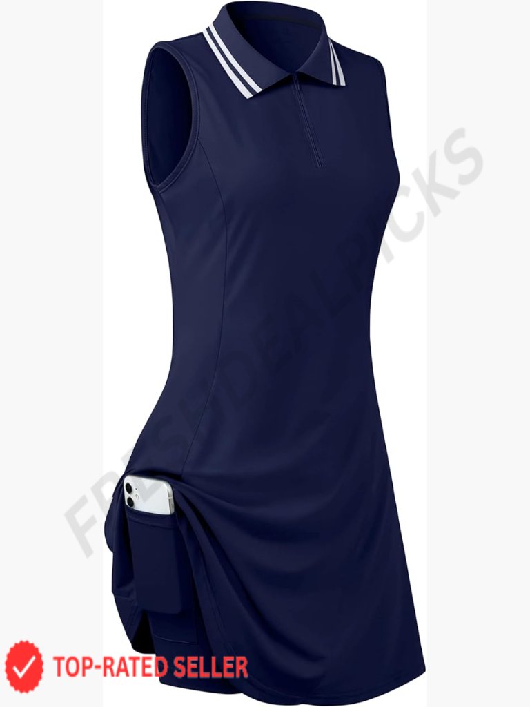 Sleeveless Golf Tennis Dress With Inner Shorts And Pockets For Workout